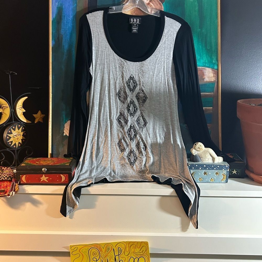 NWD Y2K Gray Black Asymmetrical Tunic Top Women’s S Boho Fairy Grunge
